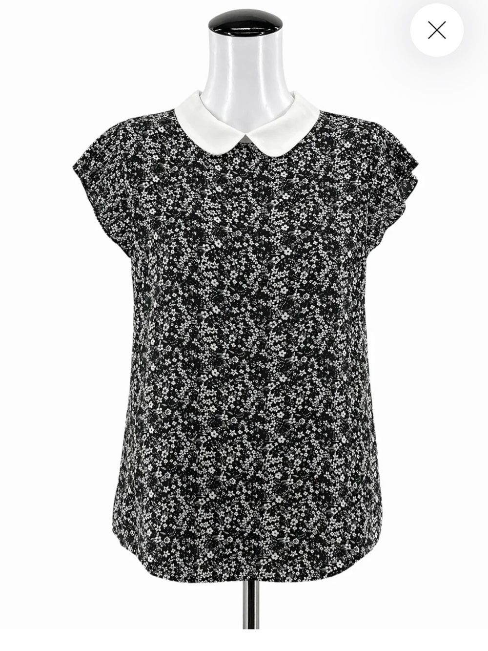 Adrianna Papell Black Floral Cap-Sleeve Top with White Peter Pan Collar